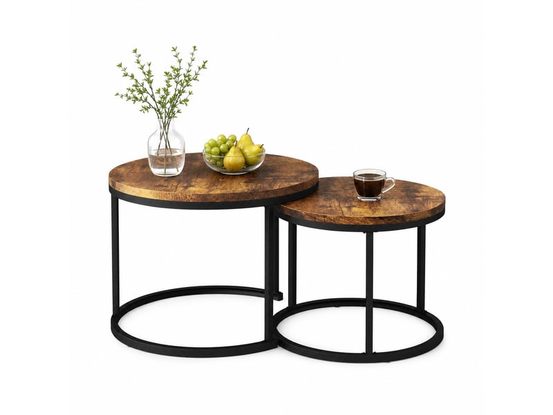  Table basse gigogne ronde 2 pièces avec structure métallique et plateau mdf effet bois pour salon moderne, marron  - Conforama A
