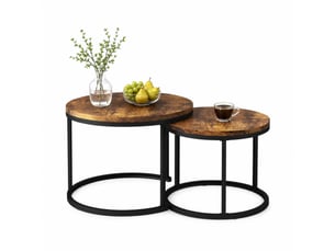 Table basse gigogne ronde 2 pièces avec structure métallique et plateau mdf effet bois pour salon moderne, marron