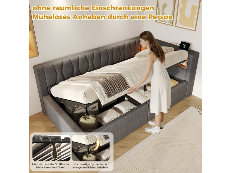  Lit banquette 90x200cm, gris, sans matelas, relevage hydraulique, pour chambre moderne et pratique  - Conforama E