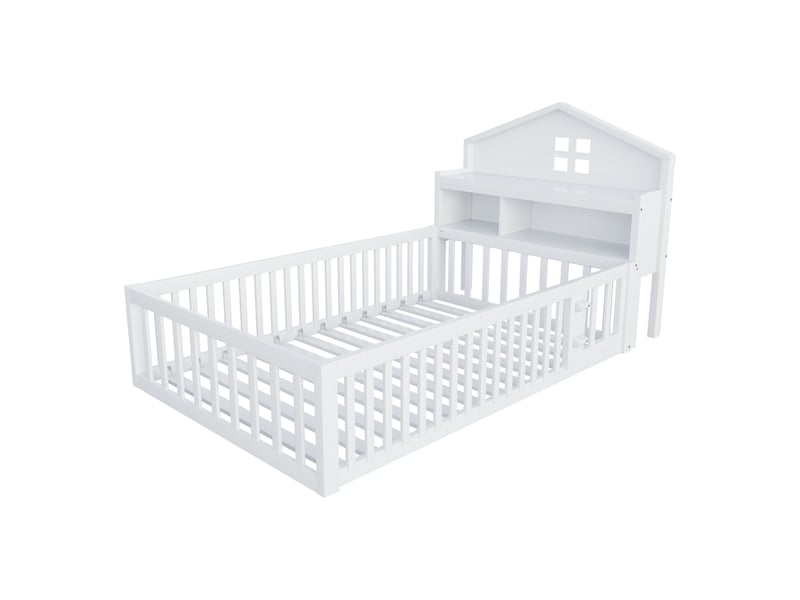  Lit enfant 90x200 cm en bois massif avec tête maison, étagères, porte, barrière et rangements, blanc  - Conforama A