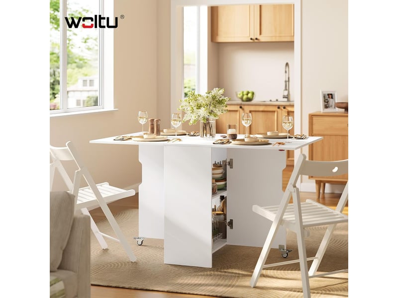 Table de salle à manger pliante, 3 formes possibles, en bois d'ingénierie, à roulettes avec freins, blanc - Conforama B