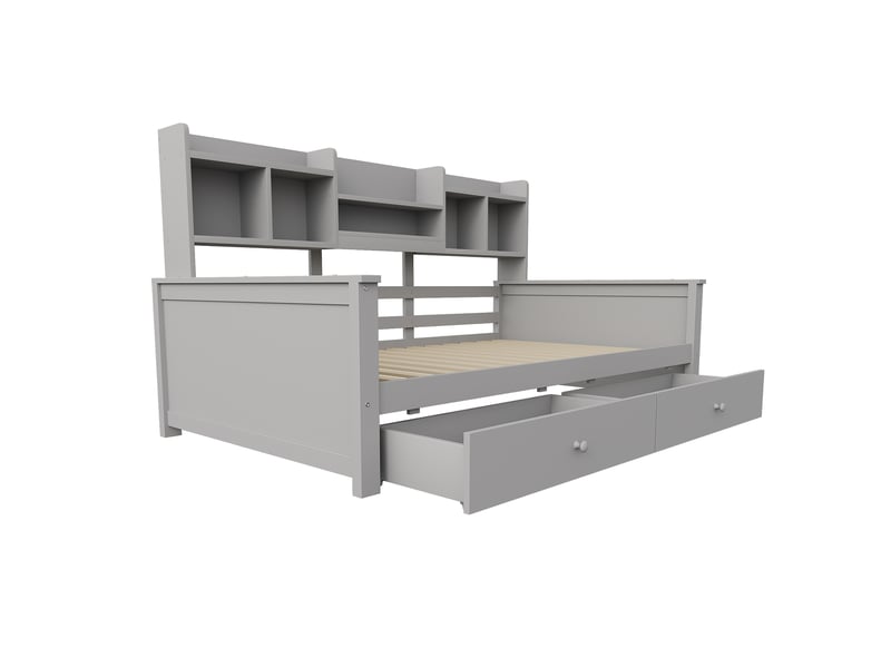  Canapé-lit 90x200 et lit enfant avec tiroirs et étagères, lit simple en bois massif gris, sommier à lattes inclus pour chambre.  - Conforama C