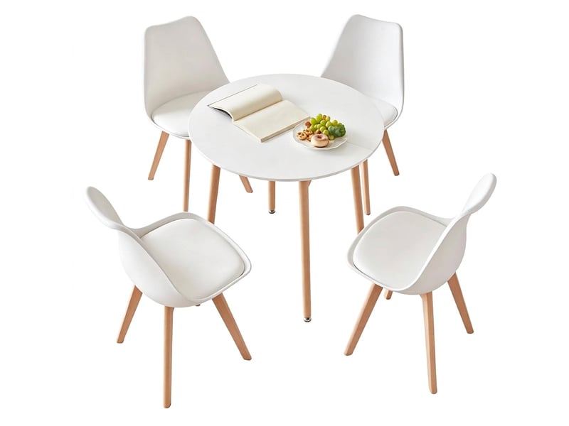  Ensemble table ronde et 4 chaises moderne blanc et bois, 80x80 cm  - Conforama A
