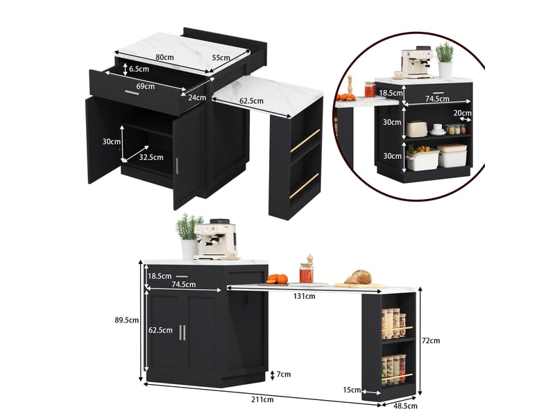  Îlot de cuisine noir avec table extensible 2 à 6 personnes et prises usb  - Conforama C