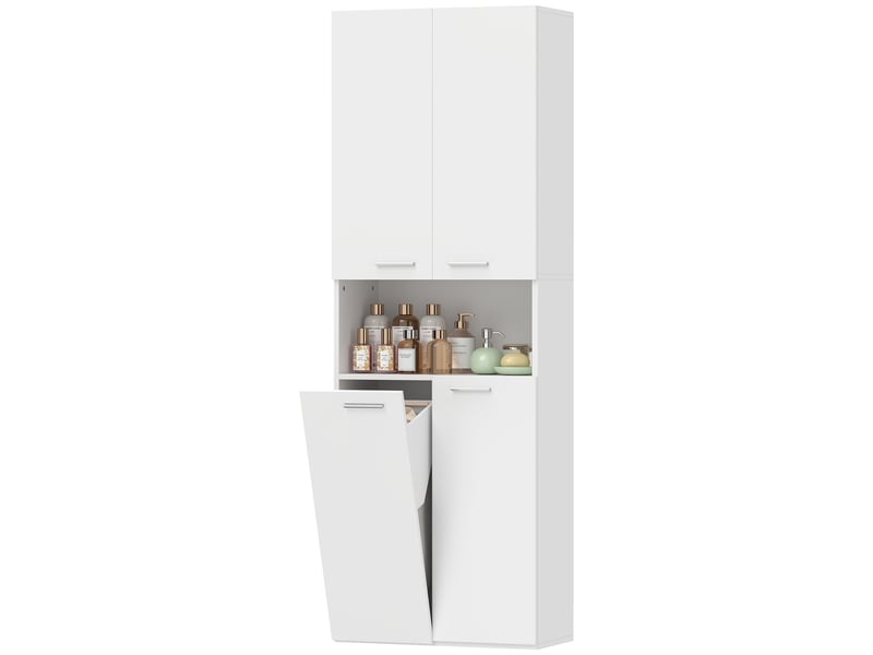 Meuble de salle de bain à deux portes, panier à linge pliable et compartiment ouvert, 60 x 30 x 174 cm, bois, blanc - Conforama B