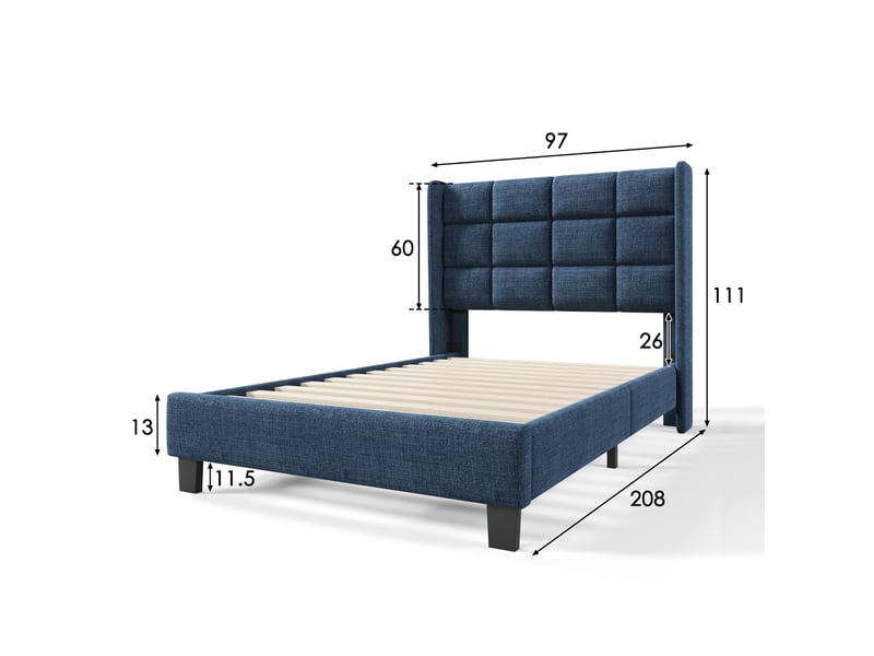  Lit simple 90x200 cm en lin, lit 1 place avec dossier rembourré, lattes en bois et pieds noirs, sans matelas, bleu  - Conforama D