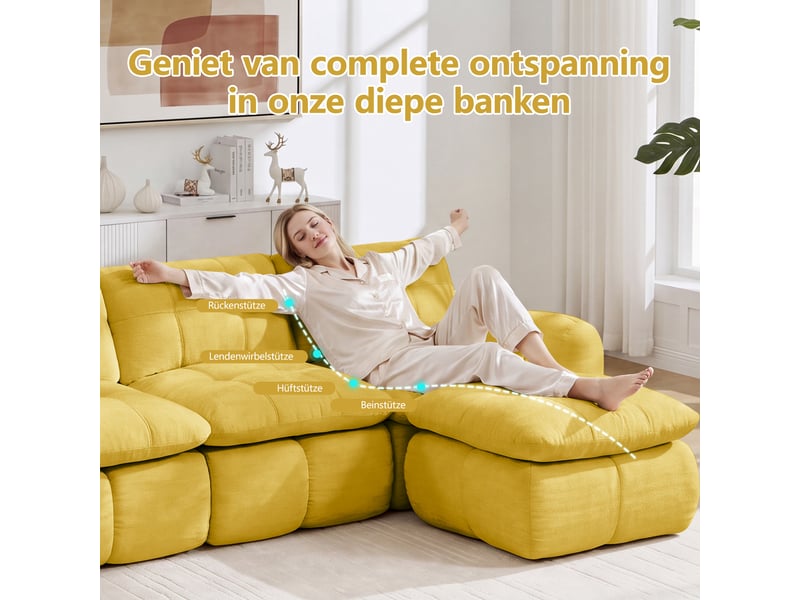 Canapé modulable sans cadre en l 4 places jaune, chenille, capitonnage quadrillé, assise profonde, avec 1 pouf, sans montage - Conforama D