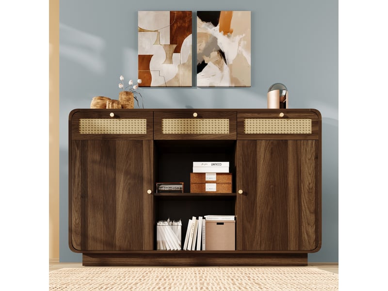  Buffet bas noyer 120 x 40 x 85 cm avec 3 tiroirs, 2 placards et étagère ouverte  - Conforama D