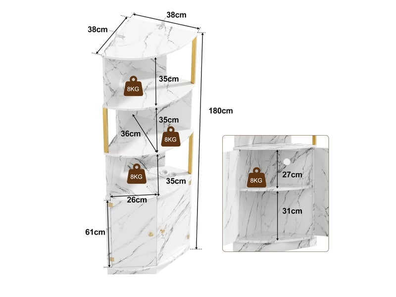  Buffet d'angle haut 38x38x180 cm avec led et prises, blanc marbré  - Conforama C
