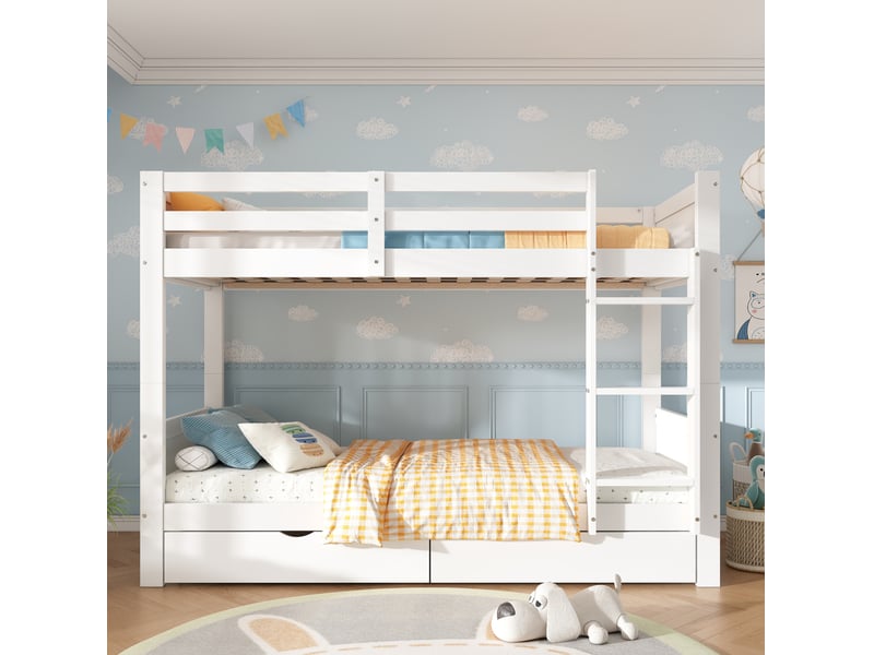  Lit superposé enfant 90x200 cm blanc bois, séparable en 2 lits simples, 2 tiroirs et échelle  - Conforama B