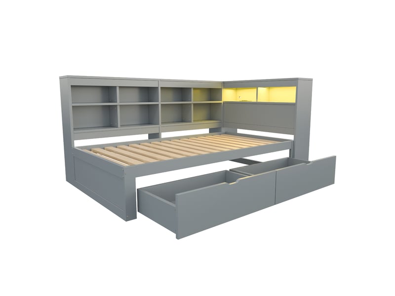  Sofa-lit en bois massif 90*200 cm gris avec usb et led, nombreux rangements pour chambre et séjour  - Conforama A