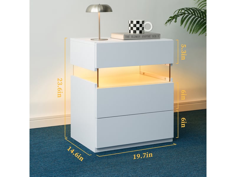  Table de chevet led blanche, 3 tiroirs, panneau acrylique, design moderne  - Conforama C