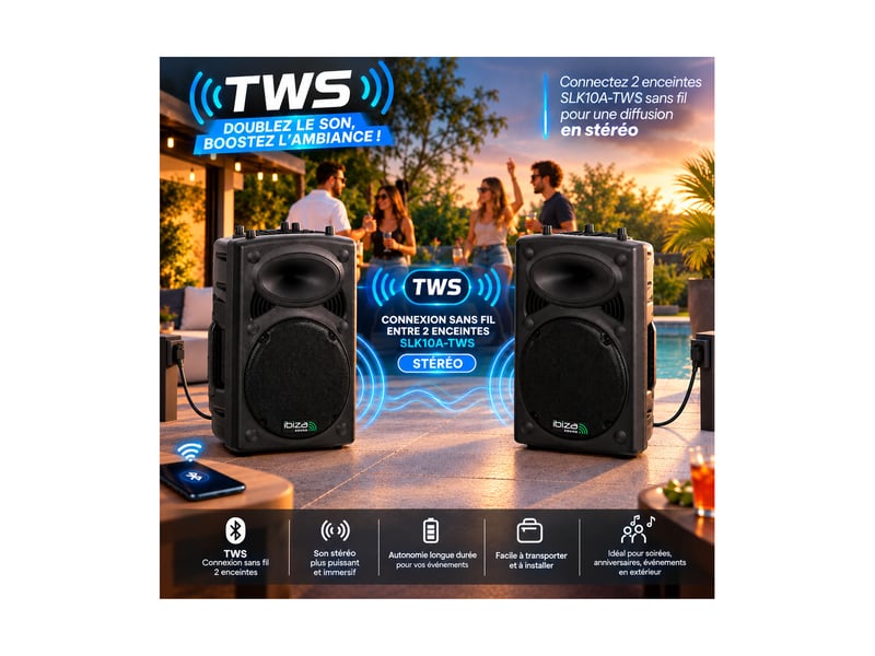  Ibiza sound slk-10a-tws-pied enceinte amplifiée sono dj 400w bluetooth tws usb télécommande support pied inclus  - Conforama D