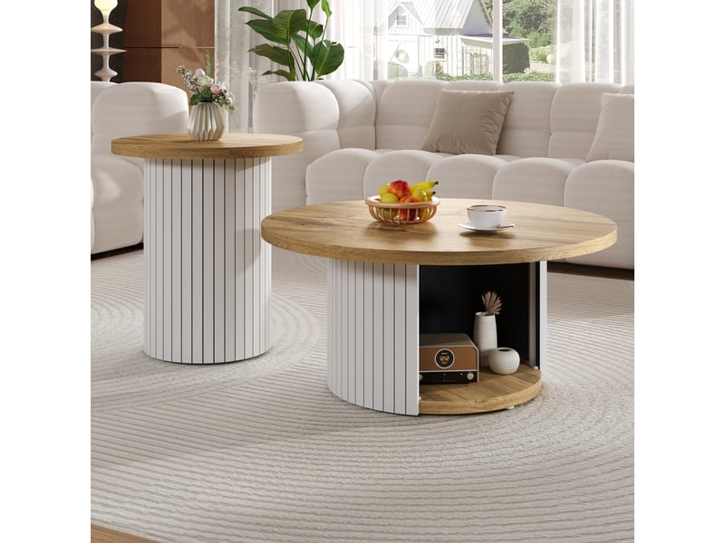  Table basse, table ronde double, table d'appoint avec plateaux en bois naturel. Table de salon multifonctionnelle  - Conforama B