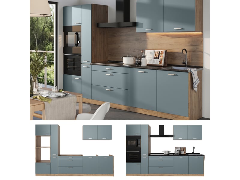 Vicco cuisine, bleu-grischêne doré, 310cm plan de travail chêne doré  - Conforama D
