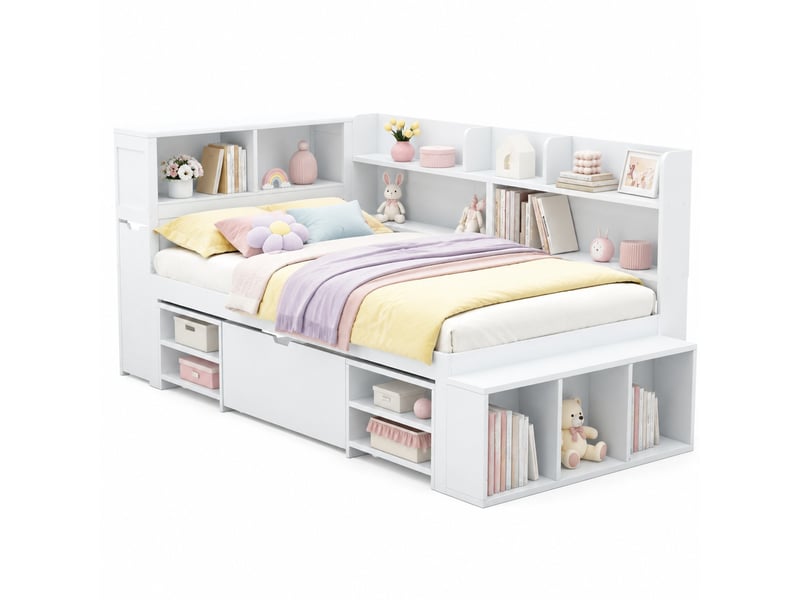  Lit simple enfant 90x200 cm – blanc – tiroir, étagères, rangements et sommier à lattes - sans matelas  - Conforama A