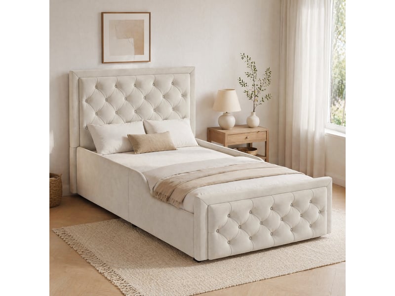  Lit coffre enfant ulevr 90 x 200 cm avec sommier à lattes et grand rangement, tête de lit capitonnée, velours beige  - Conforama B