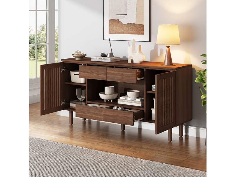  Buffet 140x35x71 cm effet noyer avec 4 tiroirs et 2 portes persiennes  - Conforama D