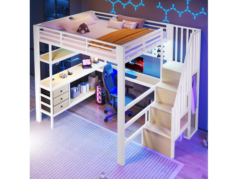  Lit mezzanine 140x200 cm avec bureau, rangements et led blanc  - Conforama D