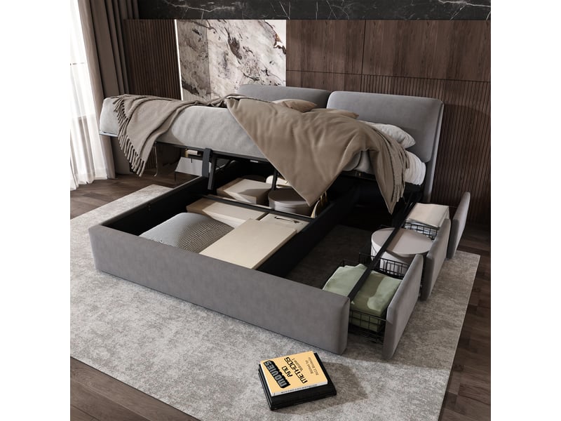  Lit coffre 160x200 cm gris, velours, sommier relevable hydraulique, 3 tiroirs, tête de lit réglable, sommier à lattes inclus  - Conforama B