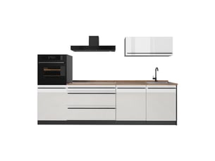 Vicco cuisine, blanc haute brillanceanthracite, 280cm plan de travail chêne doré