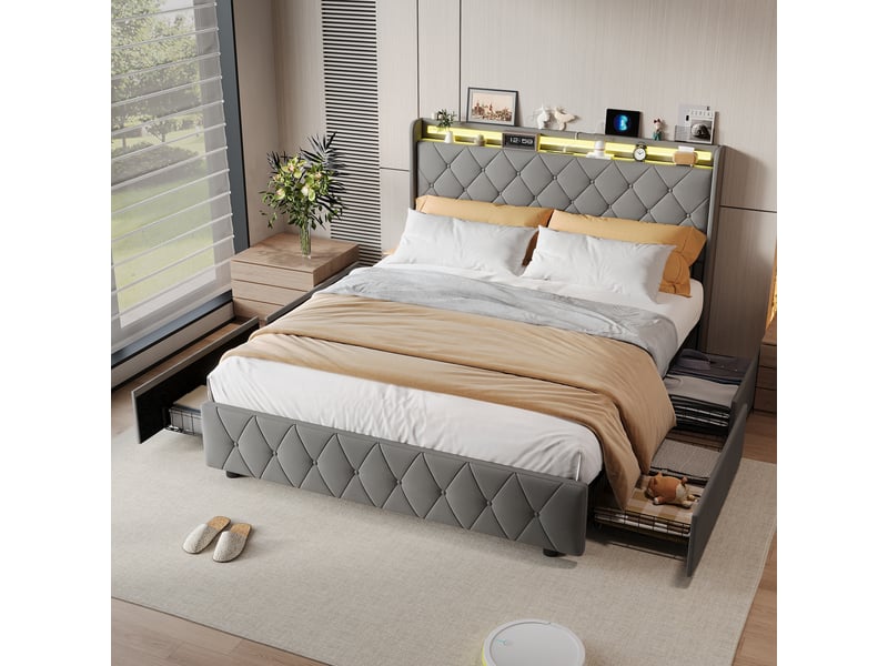  Lit coffre 140x200 cm, lit double 140x200 cm avec 2 tiroirs, éclairage led rgb, ports usb et type-c, tissu en velours gris  - Conforama B