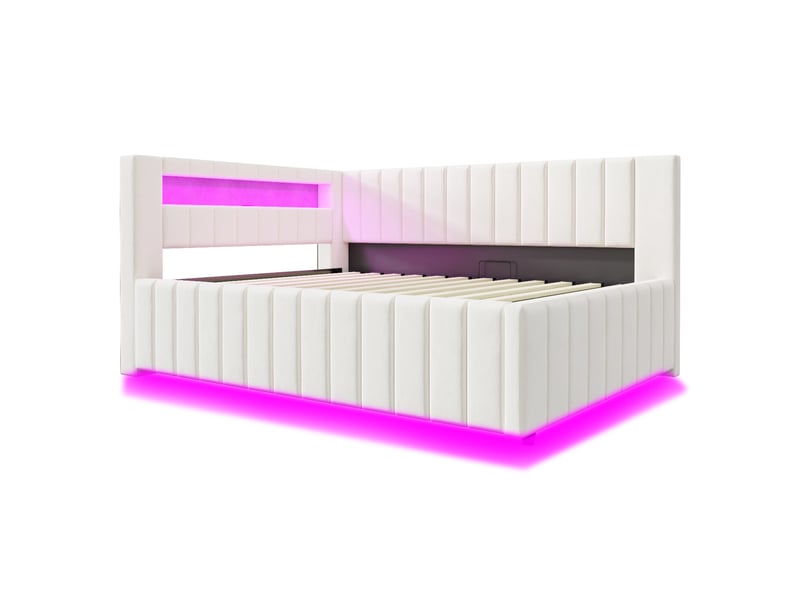  Lit capitonné 140x200 cm beige en velours, led, usb, dossier et coffre hydraulique  - Conforama A