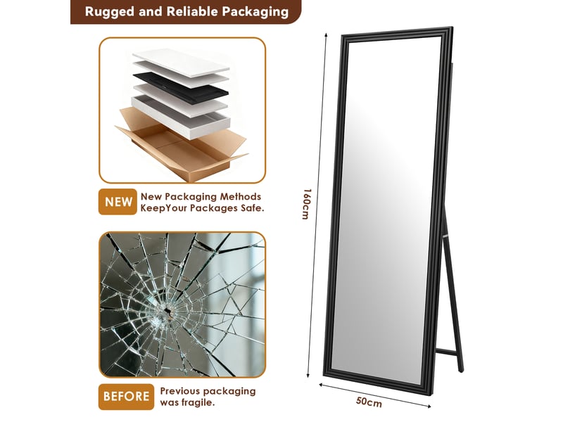  Miroir pleine longueur noir 160 x 50 cm, cadre bois et pied métallique réglable  - Conforama C