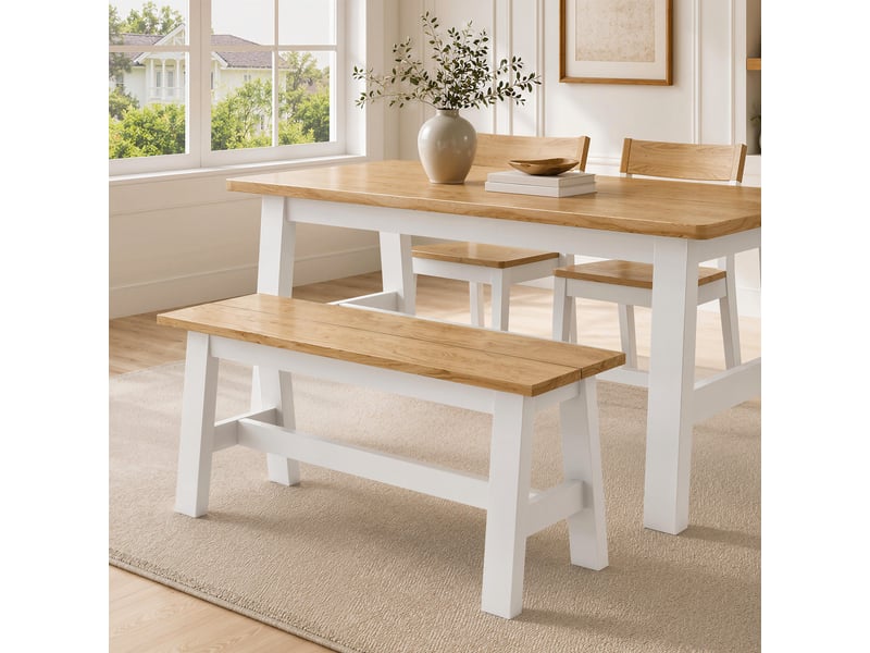  Banc 2 places, banc en bois aspect chêne, barre transversale de stabilisation, pour salon, salle à manger, couloir, bois d'hévéa, blanc  - Conforama C