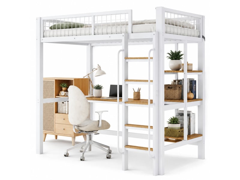  Lit mezzanine 90x200 cm avec bureau et étagères en métal et bois blanc et naturel  - Conforama A