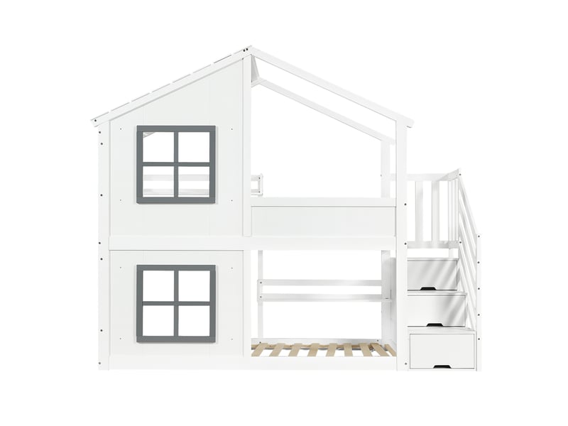  Lit superposé enfant 90x200 cm, escalier 3 marches avec rangement, toit et fenêtres, pin et mdf, blanc et gris sans matelas  - Conforama A