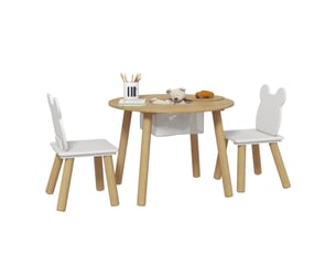 Ensemble table et 2 chaises pour enfants avec dossier en forme d'ourson, table basse avec rangement, blanc et bois