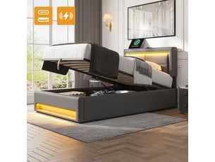 Lit coffre rembourré 90 x 200 cm avec éclairage led et recharge usb-c, pu polyuréthane gris