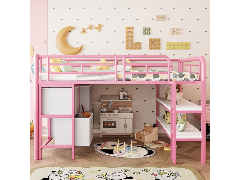  Lit mezzanine enfant 90x200 cm rose en métal, tiroirs, étagères et large échelle.  - Conforama D
