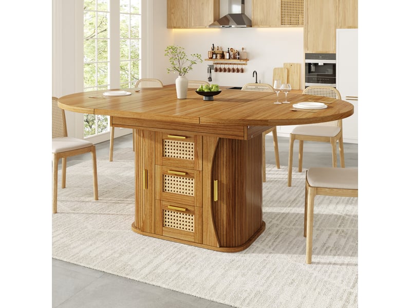  Table à manger extensible 118-158 cm avec rangement et tiroirs, chêne clair  - Conforama D
