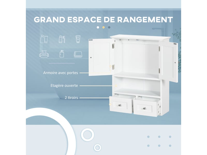  Armoire murale de salle de bain 2 portes 2 tiroirs mdf blanc 50,8 x 17,8 x 66 cm  - Conforama D