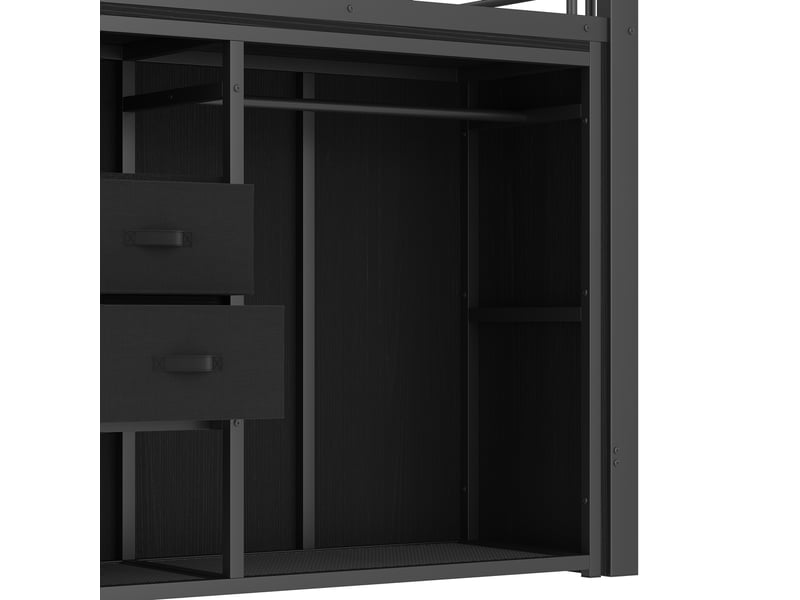  Lit superposé 90*200 cm avec led multicolore, 2 tiroirs, penderie ouverte, sans matelas, noir, structure métal robuste  - Conforama E