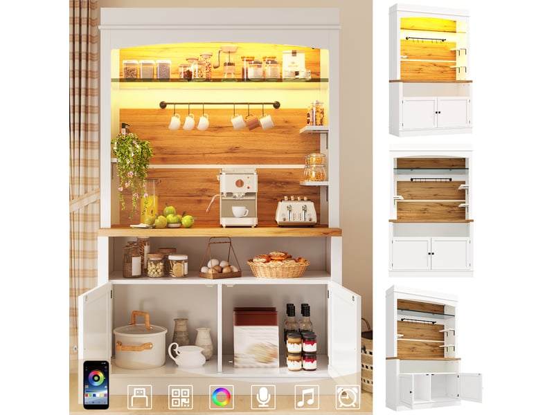  2pcs buffet haut de cuisine-armoire haute led étagère verre 6 crochets-apprangement fermé-étagères réglables mdf-107x34x184cm-blanc  - Conforama C
