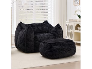 Fauteuil poire géant 123x157x73 cm avec repose-pieds en fausse fourrure noir