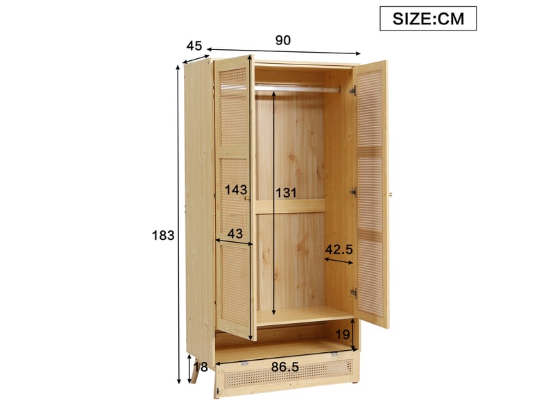  Armoire 2 portes avec tringle, armoire de rangement pour chambre et salon, design rattan pe, coffre à fermeture à bascule, couleur naturelle  - Conforama C