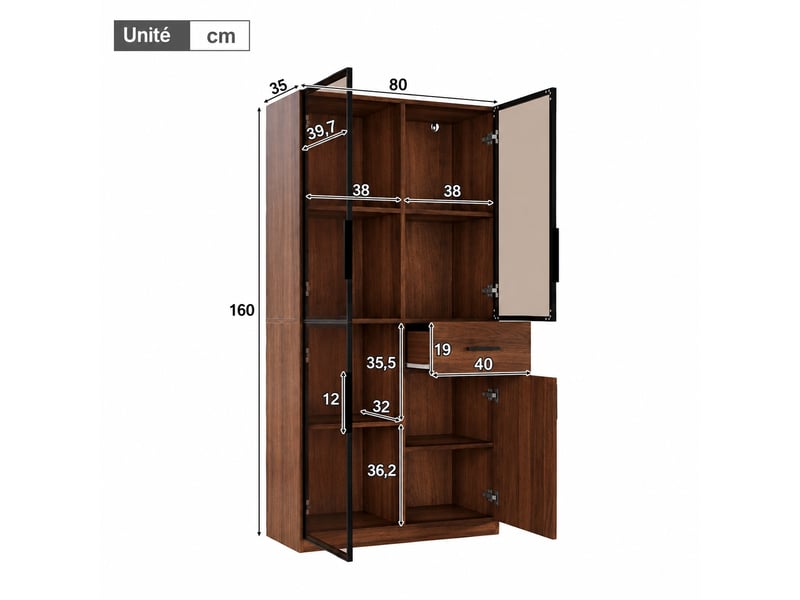  Vitrine avec éclairage led pour salon, 4 portes vitrées, 1 tiroir, mdf, aspect bois naturel, 80 x 35 x 160 cm  - Conforama C