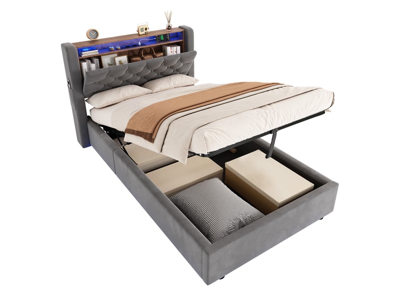  Lit simple 90 × 190 cm coffre hydraulique avec étagère, led, usb et type-c, sans matelas, velours gris  - Conforama A