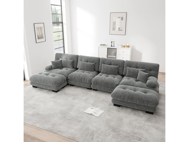  Canapé d'angle modulaire en u 4 places avec ottomans mobiles en chenille gris  - Conforama D