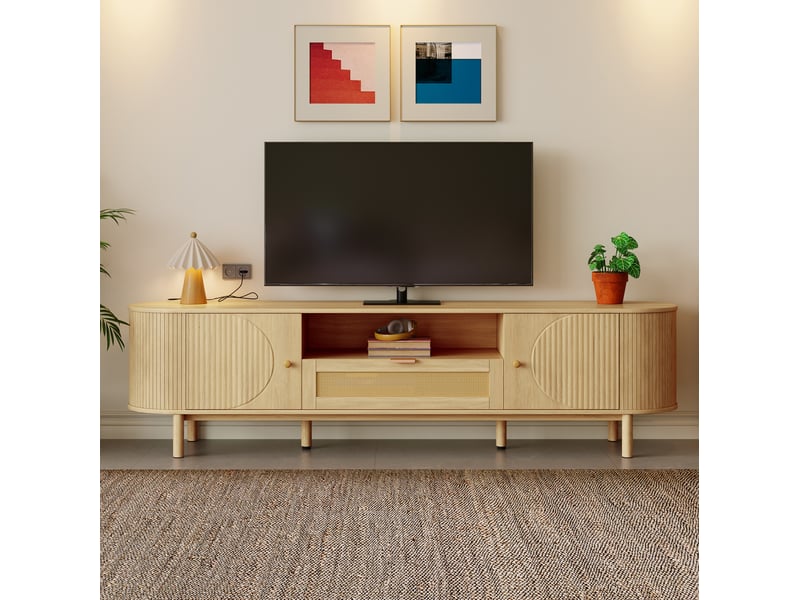 Meuble tv modulable 175 x 36 x 51 cm, tiroir en rotin, passe-câbles, naturel  - Conforama D