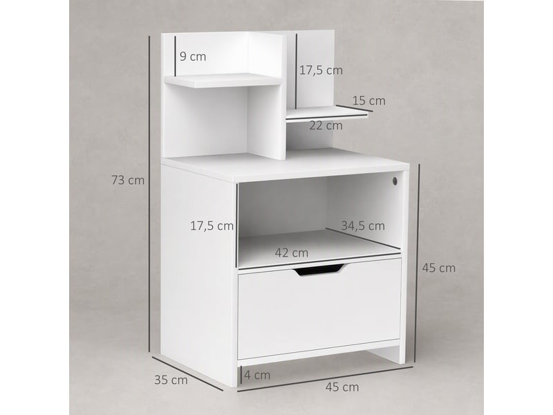  Table de chevet table de nuit avec tiroir, niche et étagères de rangement effet bois 45 x 35 x 73 cm blanc  - Conforama E