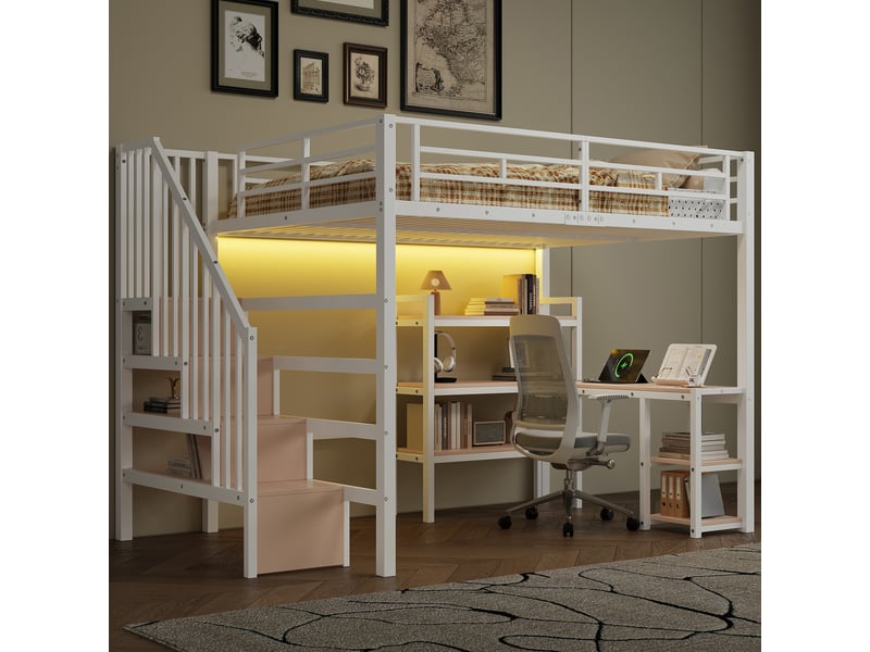  Lit mezzanine 140x200 cm blanc, avec bureau, rangements, 3 étagères, escalier de rangement, led, usb, structure métal, sommier inclus, sans matelas  - Conforama B