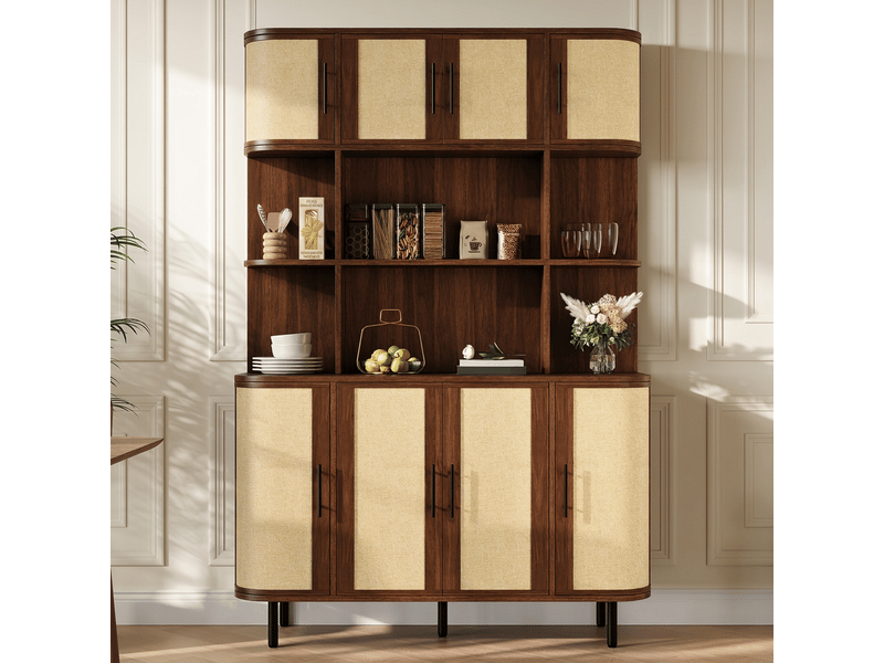  Armoire haute en noyer buffet avec façade en rotin meuble de rangement 8 portes 120x180cm  - Conforama C