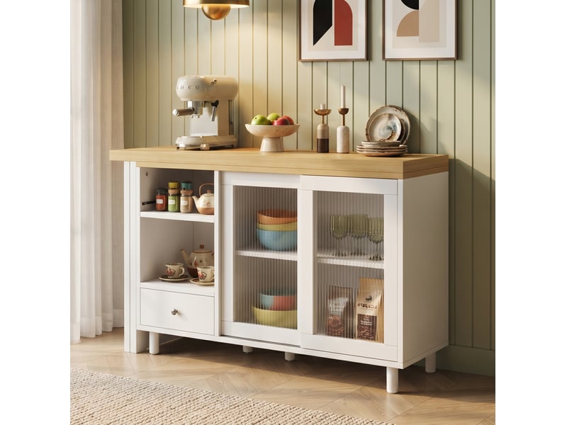  Table à manger pliante extensible 120x40x75,5 cm, panneau de fibres blanc et naturel, avec rangement et porte en verre  - Conforama D