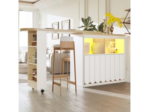 Table de bar extensible 135-205x39x100 cm, mobile sur roulettes avec frein, led et rangements, mdf et verre, blanc
