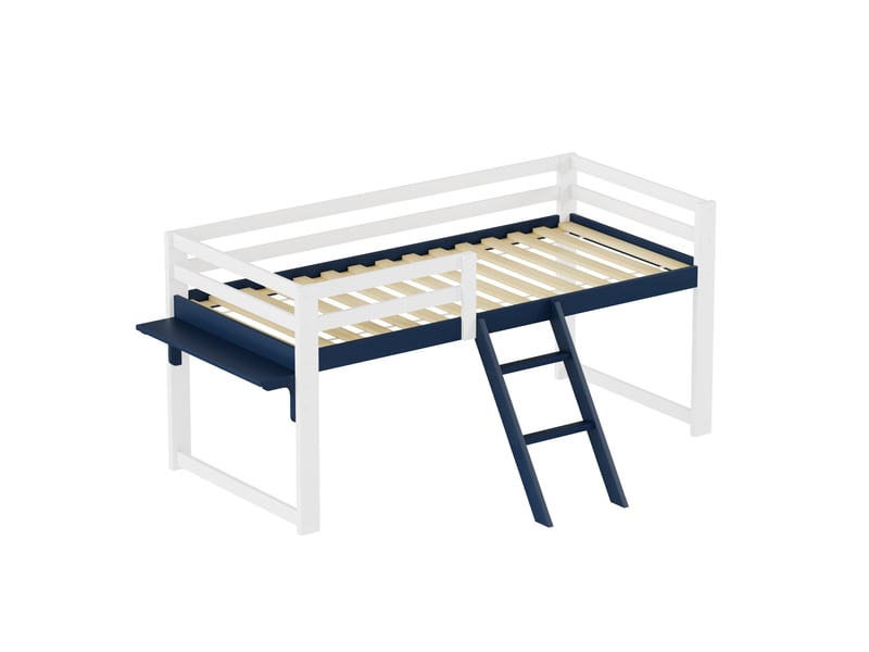  Lit mezzanine 90x200 cm, structure en pin massif, coloris bleu, échelle fixe, garde-corps, sommier à lattes inclus, sans sommier tapissier  - Conforama A